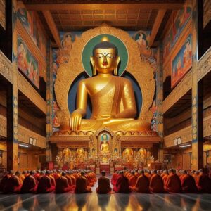 "Inside the Tawang Monastery, showcasing a magnificent 26-foot-tall golden Buddha statue. The statue is surrounded by monks in traditional red robes, engaged in prayer. The interior is adorned with intricate Buddhist paintings and decorations, with a peaceful and divine atmosphere." मंदिर तवांग