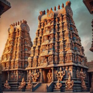 A grand South Indian temple with intricate Dravidian architecture, featuring towering gopurams adorned with detailed carvings of deities and mythological scenes. The scene is captured during twilight, with warm golden lighting and a serene atmosphere. । मंदिर