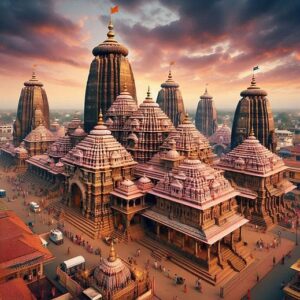 "A magnificent view of the Jagannath Temple in Puri, Odisha, featuring its grand architecture with intricately carved spires, surrounded by a bustling courtyard and serene sky in the background." । मंदिर