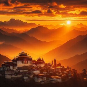 "Sunrise over Tawang Monastery in Arunachal Pradesh, India. The monastery is bathed in golden sunlight with a glowing orange and yellow sky. The Himalayan mountains create a stunning silhouette in the background, with a serene atmosphere." तवांग मंदिर