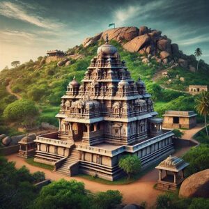 "A magnificent view of the Cheluvanarayana Swamy Temple in Melukote, Tamil Nadu, situated on a hilltop. The temple is surrounded by lush greenery, with ancient stone architecture and intricate carvings, under a serene blue sky." टैग्स: #CheluvanarayanaSwamyTemple #Melukote #SpiritualSouthIndia