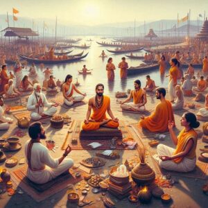 "A group of devotees participating in a spiritual yoga and meditation session during the Kumbh Mela, with some performing devotional dance and music. The scene shows traditional Indian attire, spiritual symbols, and a tranquil atmosphere, with the river and sacred rituals in the background." ,महाकुंभ