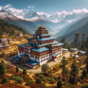 "A grand view of the Tawang Monastery in Arunachal Pradesh, India, nestled in the Himalayan mountains. The monastery is surrounded by lush greenery, snow-capped peaks in the background, and a clear blue sky. The structure is large and colorful, with traditional Buddhist architectural details." मंदिर