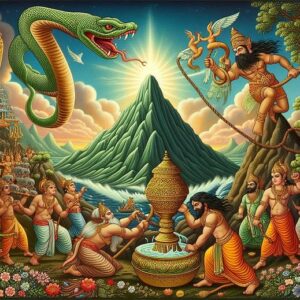 पौराणिक कथा "समुद्र मंथन" का चित्रण जिसमें देवता और असुर मंथन कर रहे हैं। बीच में पर्वत और सांप का रस्सी के रूप में उपयोग। अमृत कलश आकाश में चमकता हुआ।महाकुंभ