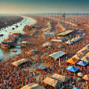 "A vast and vibrant scene of the Kumbh Mela with millions of devotees gathered by the riverbanks, performing rituals and bathing. The scene shows large crowds, tents, sacred rituals, and colorful outfits. The atmosphere is filled with devotion, spirituality, and cultural richness under a clear blue sky." महाकुंभ