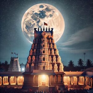 A South Indian temple bathed in soft moonlight during a full moon night. The temple's central spire is glowing faintly as it reflects moonlight, with a peaceful starry sky in the background and devotees gathered around.चांदनी रात में मंदिर का दृश्य: