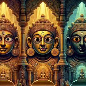 "An artistic depiction of three phases of Lord Jagannath's idol inside the temple, showing youthful, mature, and elderly forms under different lighting conditions. The environment is spiritual and captivating." मंदिर