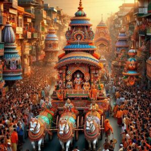 "A vibrant scene of the Rath Yatra festival in Puri, with elaborately decorated chariots being pulled by devotees through a crowded street, amidst chants and celebrations." टैग्स: #RathYatra #JagannathFestival #IndianCulture । मंदिर