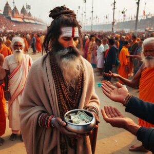 "A sadhu (holy man) standing with a begging bowl during the Kumbh Mela, receiving donations from devotees. The sadhu is dressed in traditional robes, with a peaceful expression, while the devotees offer money and gifts. The background shows a busy and colorful Mela atmosphere with tents, rituals, and other sadhus." महाकुंभ