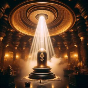 गर्भगृह में शिवलिंग पर प्रकाश का दृश्य: The interior of a South Indian temple sanctum, with a central Shivling glowing under a focused beam of white light emanating from a gem placed on the ceiling. The atmosphere is mystical with incense smoke and dim golden lighting.